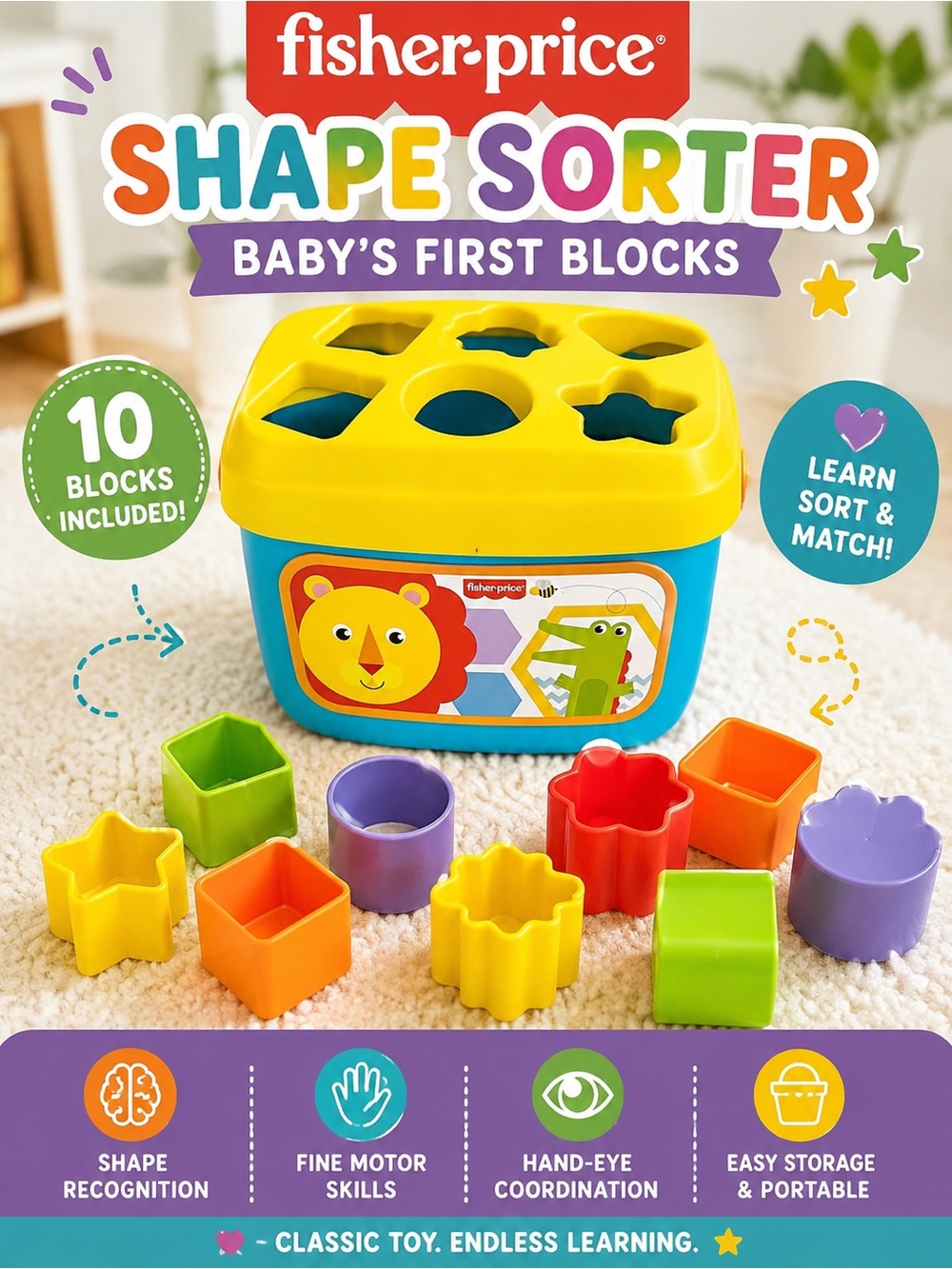 Fisher Price Baby’s First Blocks Shape Sorter Bucket 10 Blocks Toddler Toy